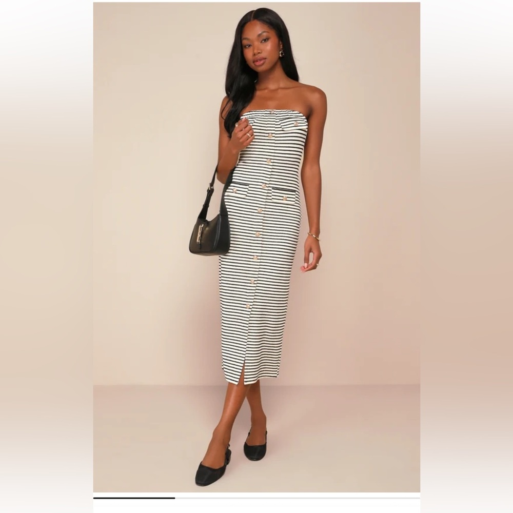 Lulu's Momentous Poise Black and Ivory Striped Strapless Midi Dress